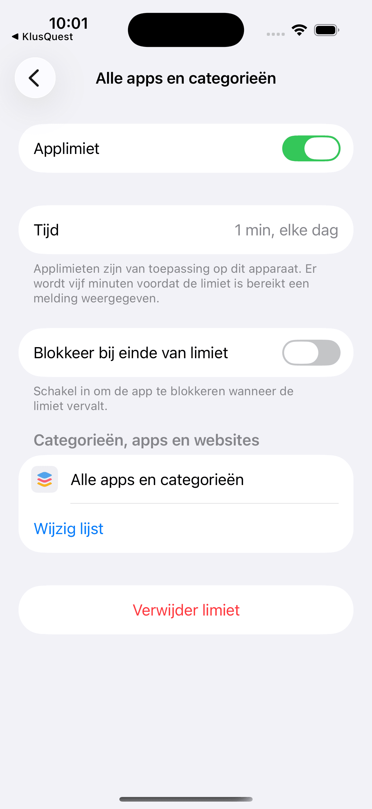 Detail van een Nederlandse applimiet met de schakelaar Blokkeer bij einde van limiet.