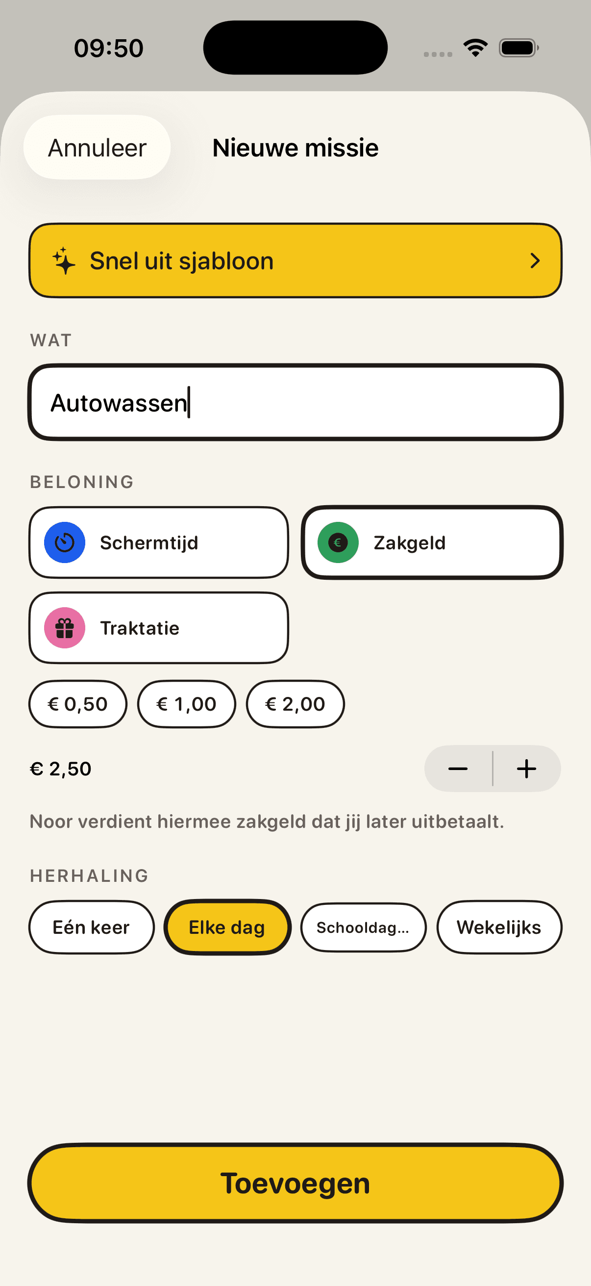 Nieuwe missie in KlusQuest met Zakgeld geselecteerd en een beloning van 2,50 euro voor auto wassen.