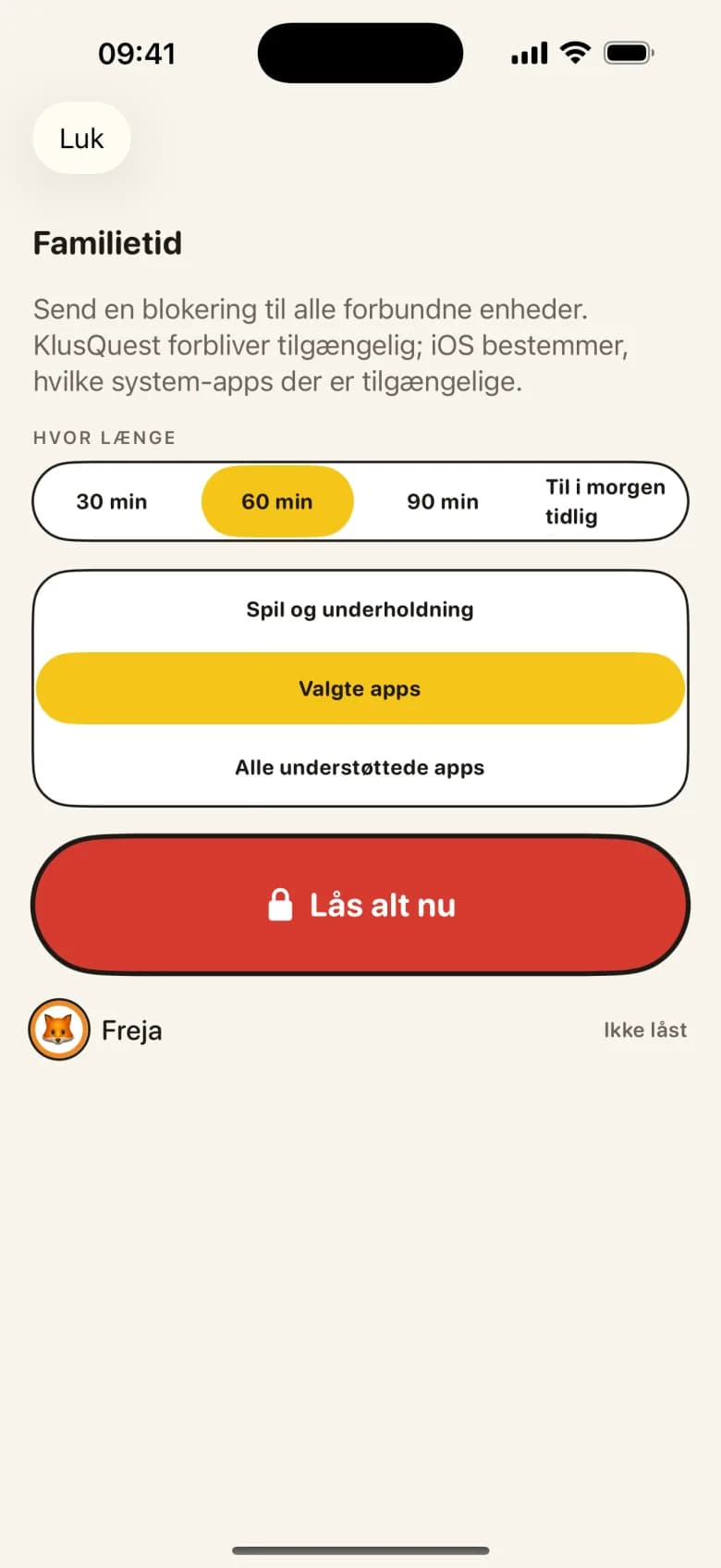 Ét tryk. Alle skærme slukkes.