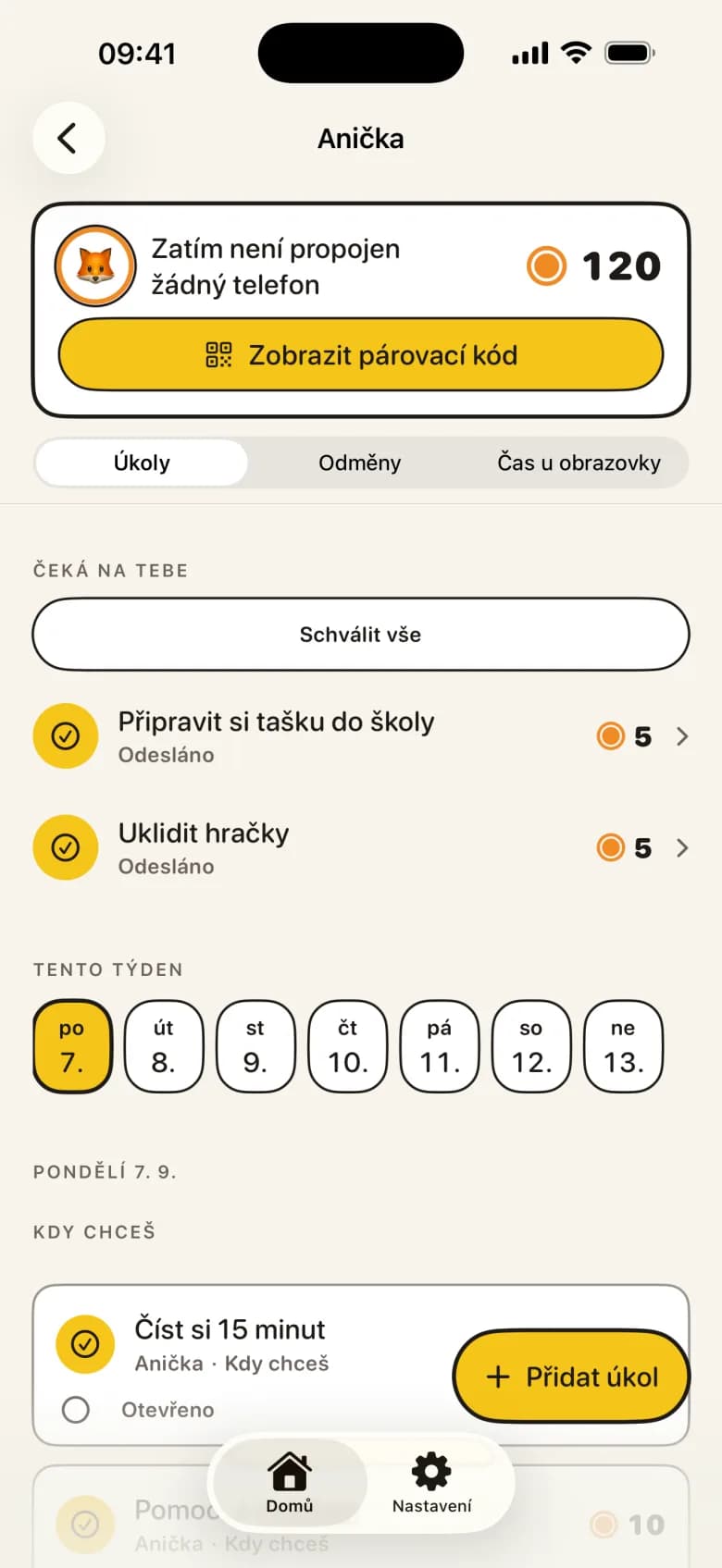 Rodič schvaluje úkol pomocí fotky jako důkaz v aplikaci KlusQuest