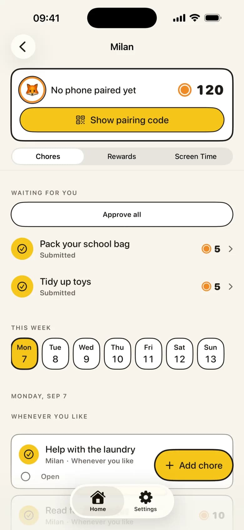 A parent approving a task with photo proof in KlusQuest