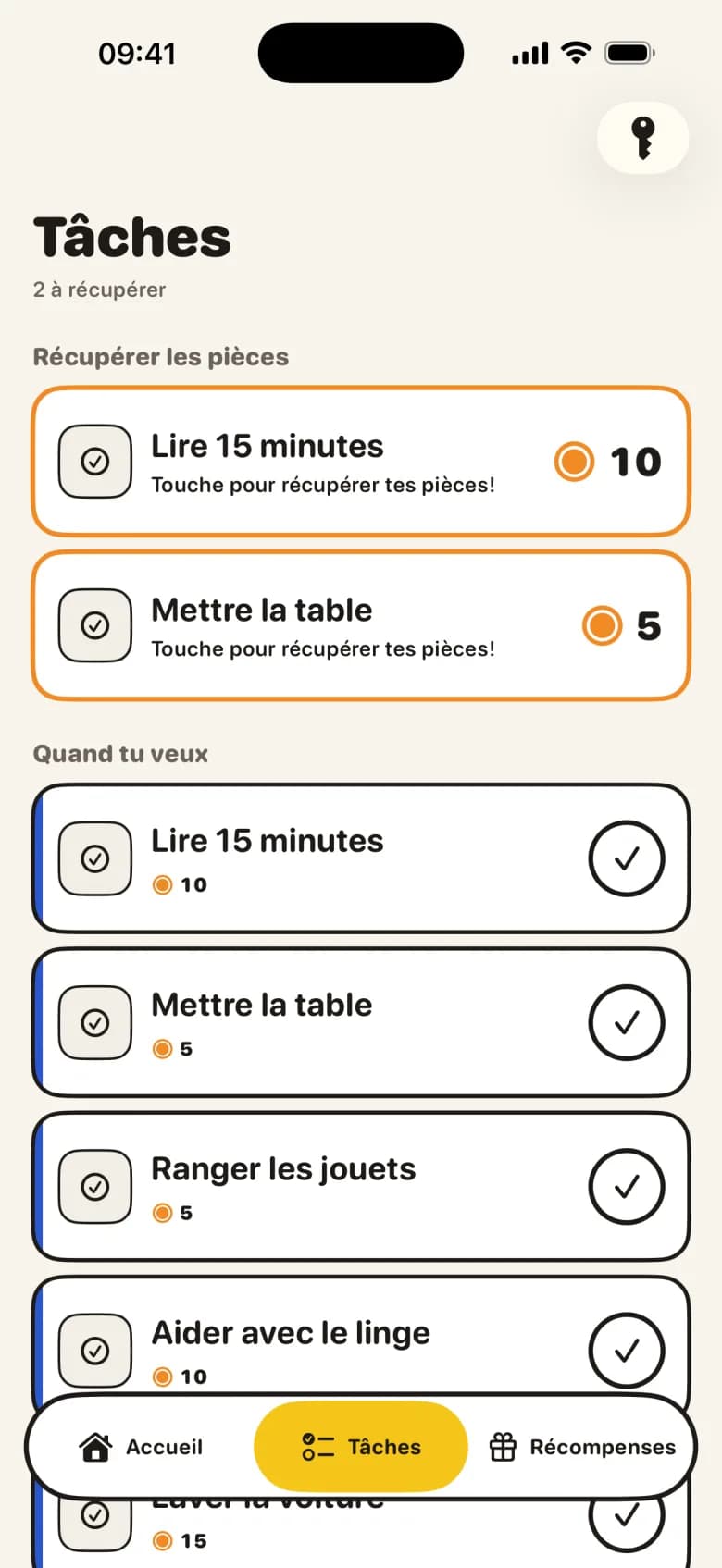 Le tableau des tâches KlusQuest sur l'iPhone d'un enfant