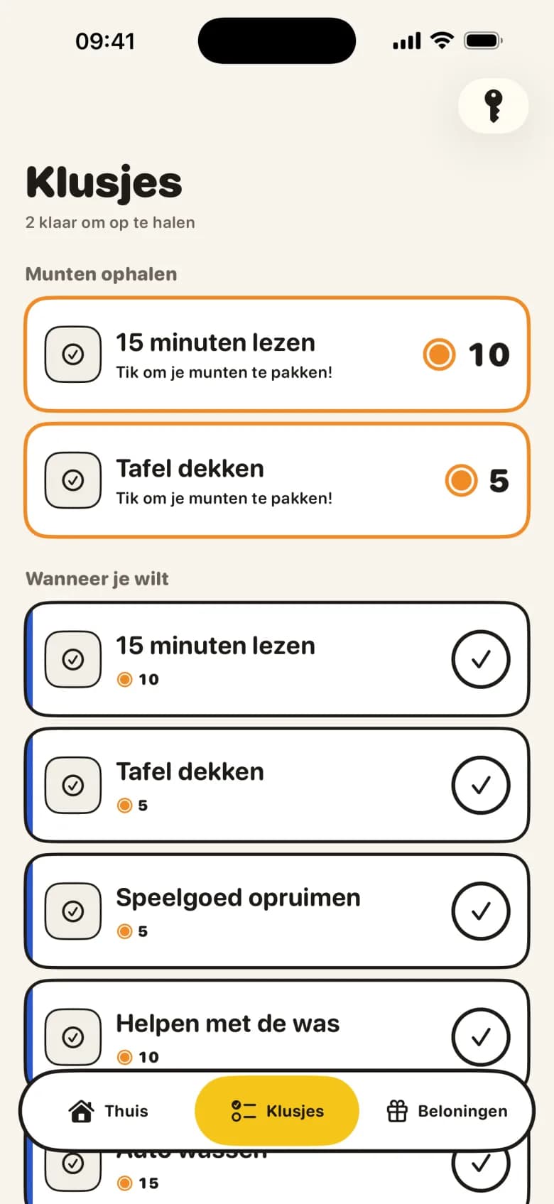 Het takenoverzicht van KlusQuest op de iPhone van een kind