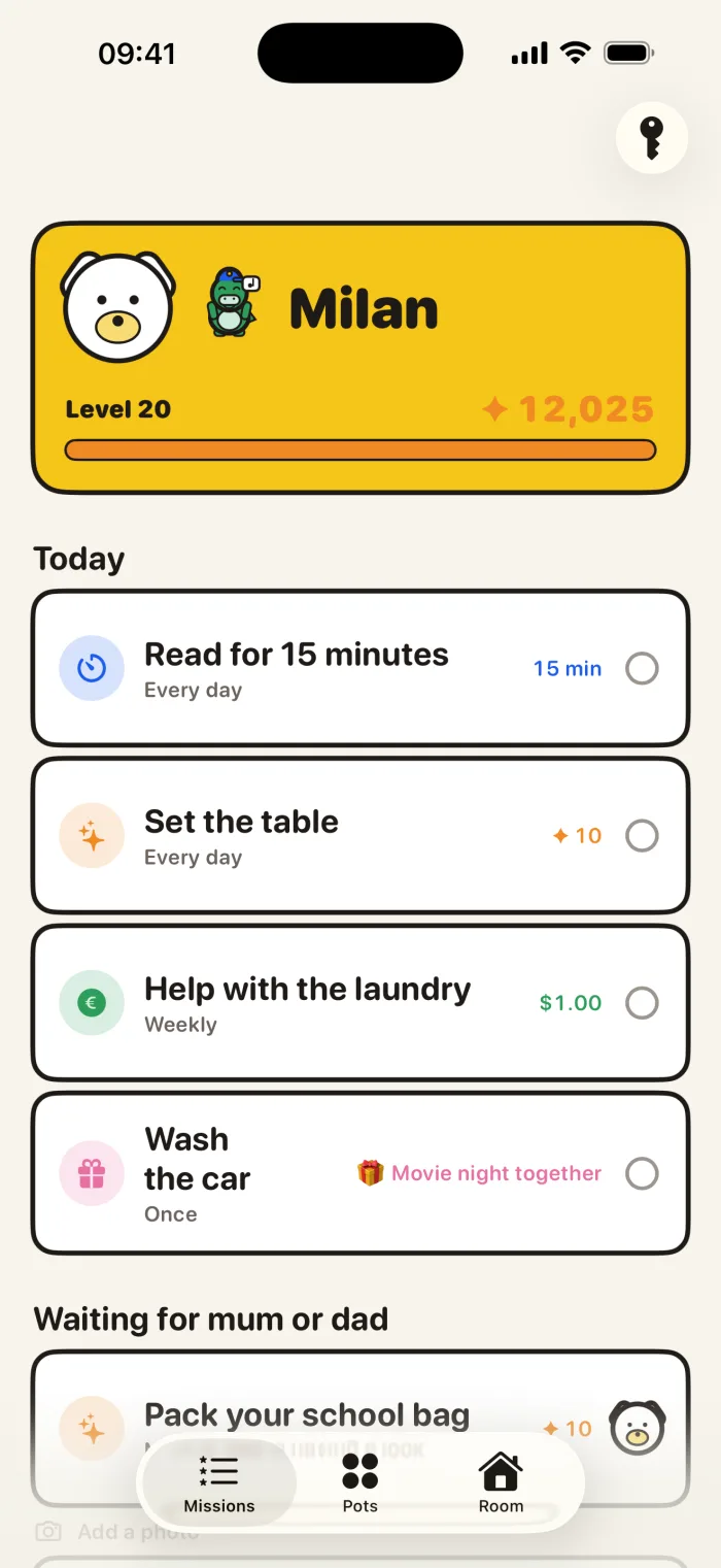 The KlusQuest mission board with chores that earn play time